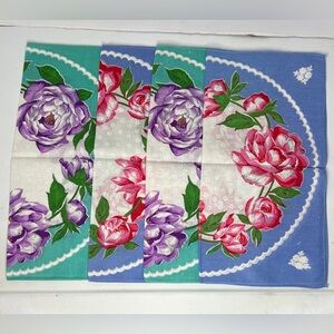 Lot of 4 Vintage Handkerchiefs 2 Blue W/ Red Flowers, 2 Green W/ Purple Flowers